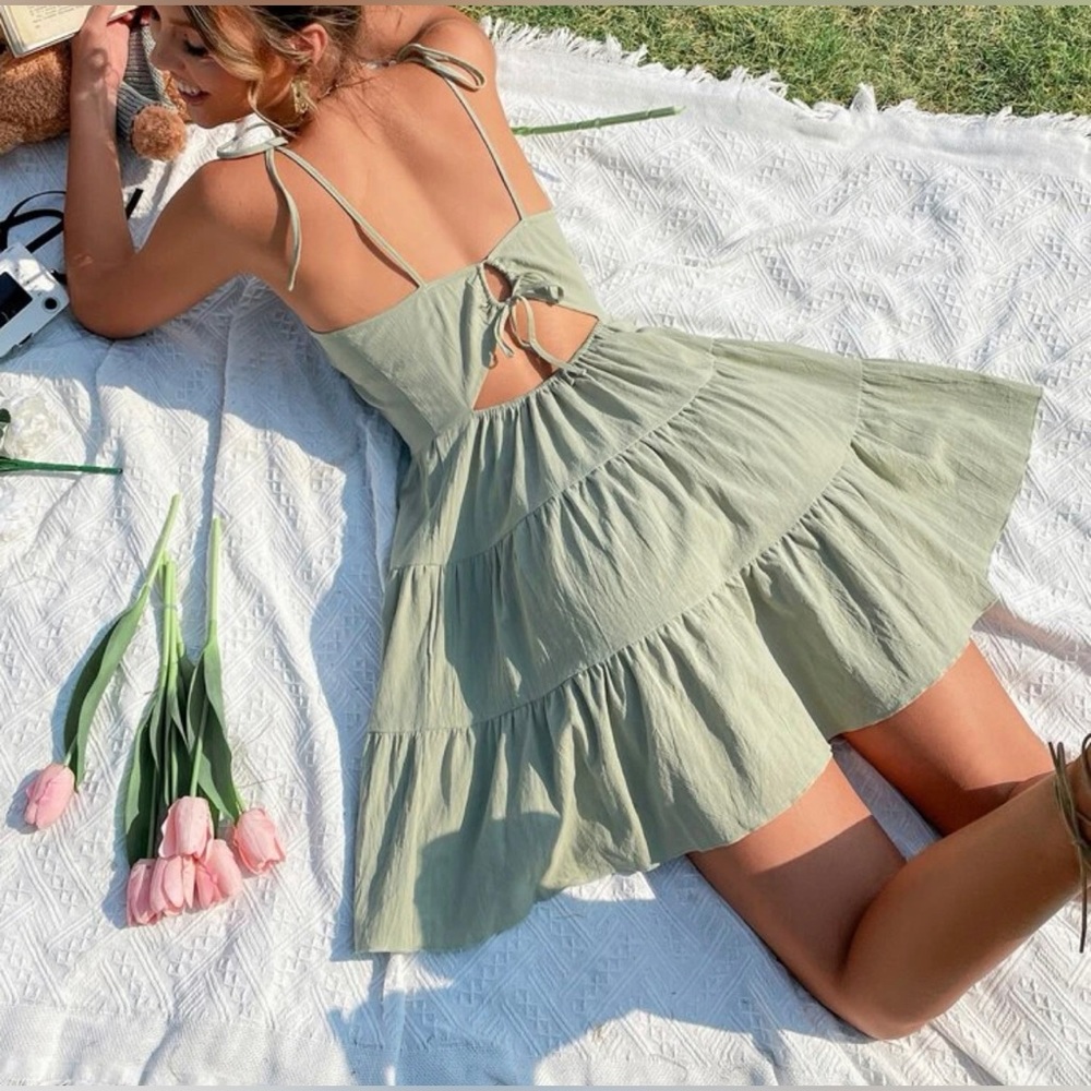 SHEIN Sage Green Tie Shoulder Polyester open back Dress Size 4